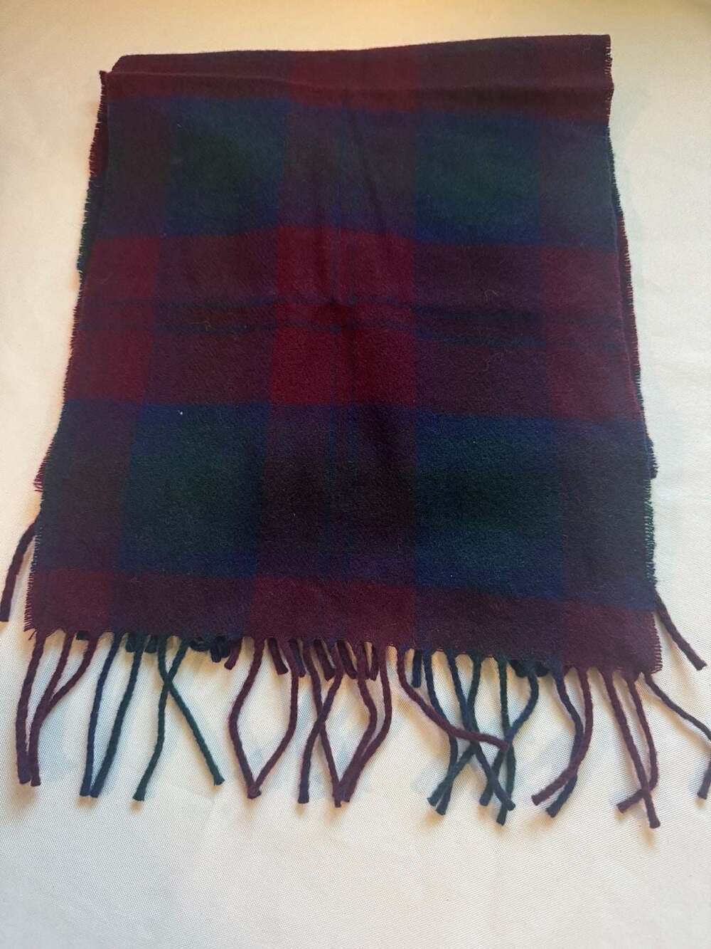 Vintage 100% Lambswool Plaid Tartan Scarf Made in Great Britain Fringe
